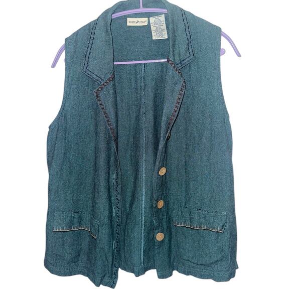 Vintage coastal White Stag Teal Denim Vest Linen Blend Embroidered sz Medium - Picture 1 of 7